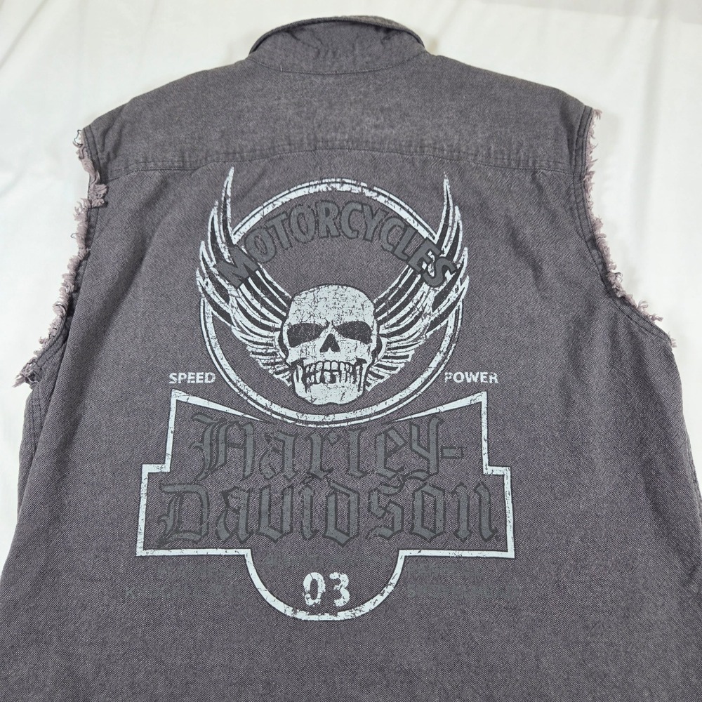 Harley-Davidson Mens XL Sleeveless Button Up Shirt Gray Skull Graphic Biker Vest